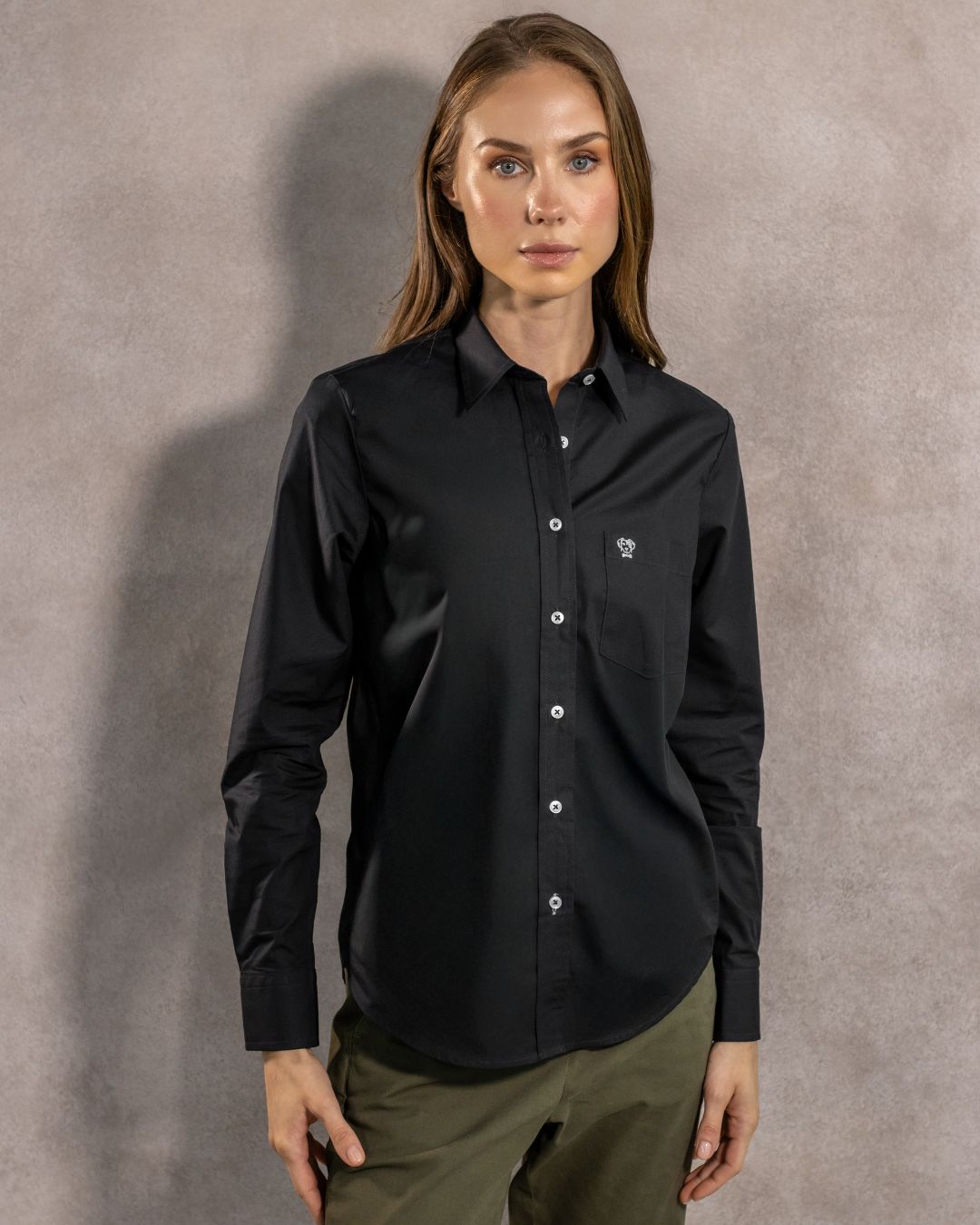 Women's Black Stain-Resistant Shirt with Pocket and Light Blue Logo