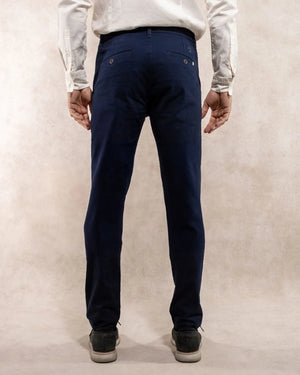 Back view of men's navy blue stretch chino pants by DANTE