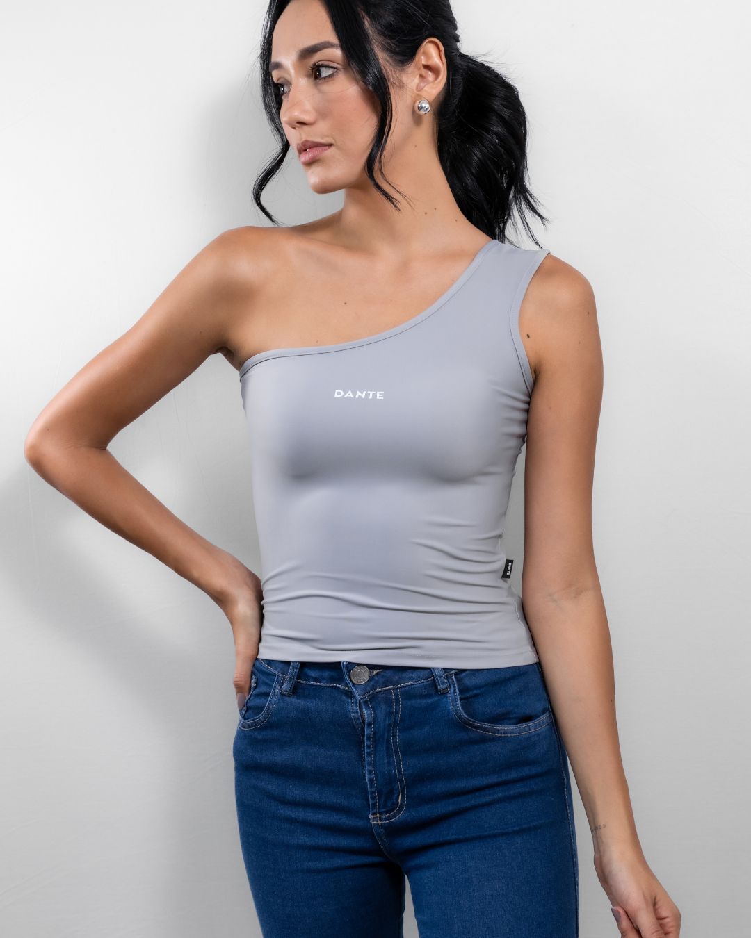 Grey Stain Resistant Top One Shoulder - Slim Fit