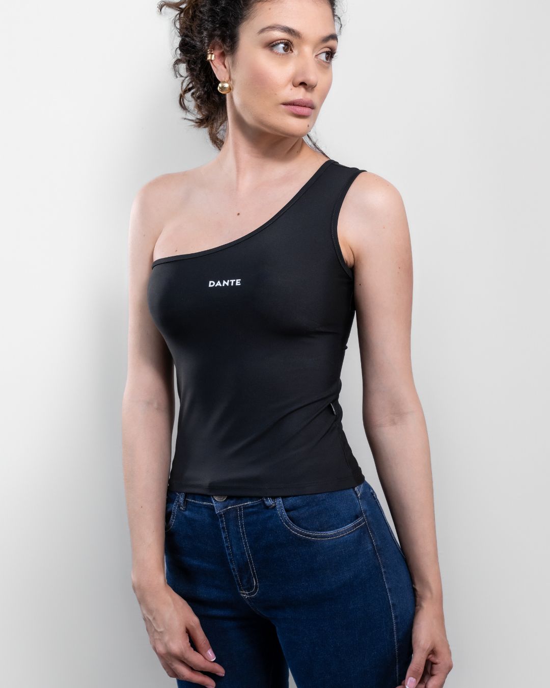 Black Stain Resistant Top One Shoulder - Slim Fit