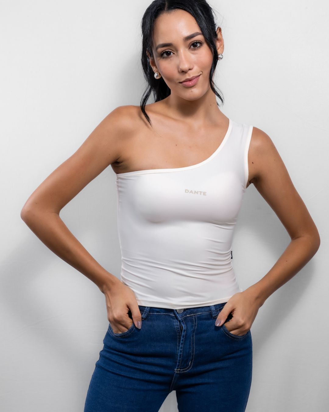 Ivory Stain Resistant Top One Shoulder - Slim Fit