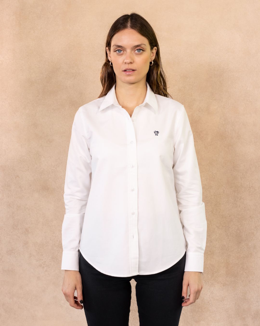 Women's White Oxford Stain-Resistant Shirt with Dark Blue Logo