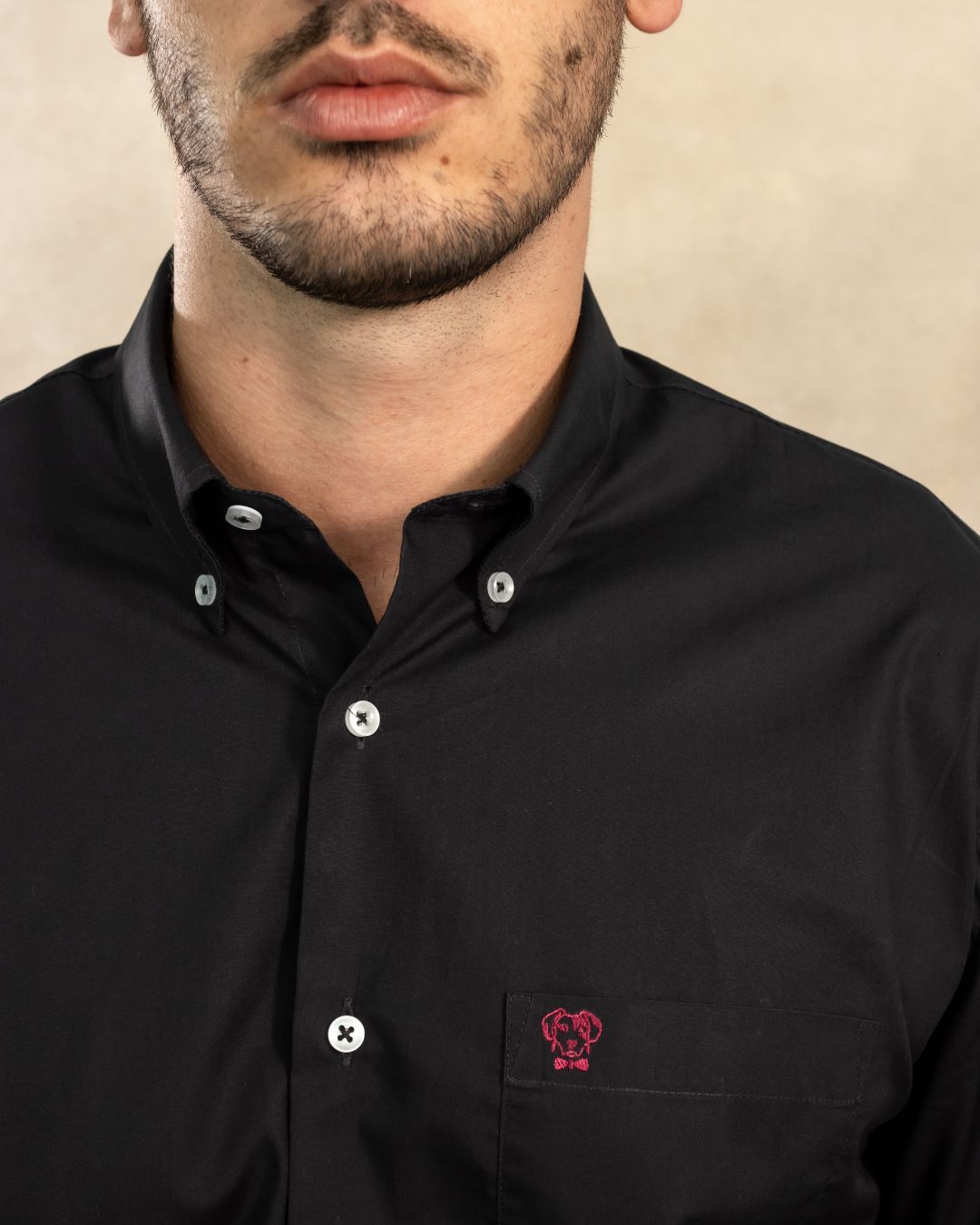 Black Stain-Resistant Poplin Shirt with Pocket and Burgundy Logo