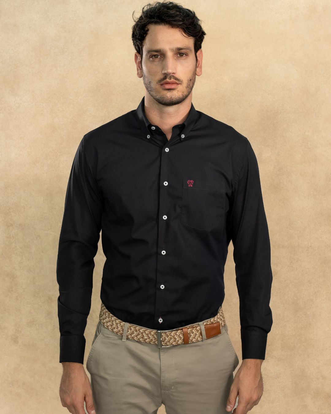 Black Stain-Resistant Poplin Shirt with Pocket and Burgundy Logo