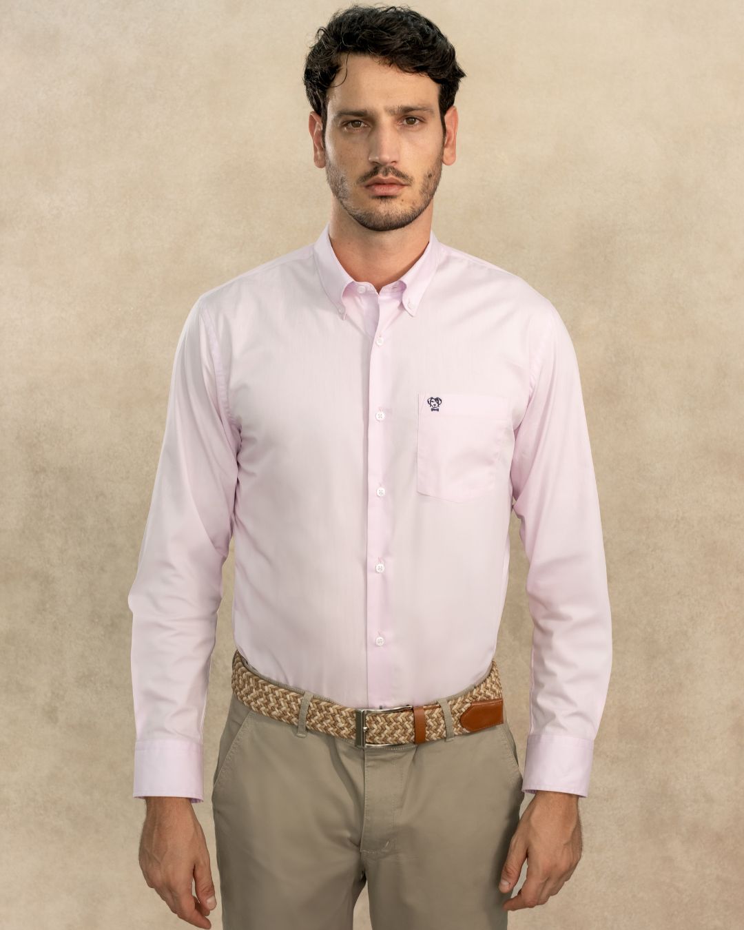 Light Pink Stain-Resistant Poplin Shirt with Pocket and Blue Logo