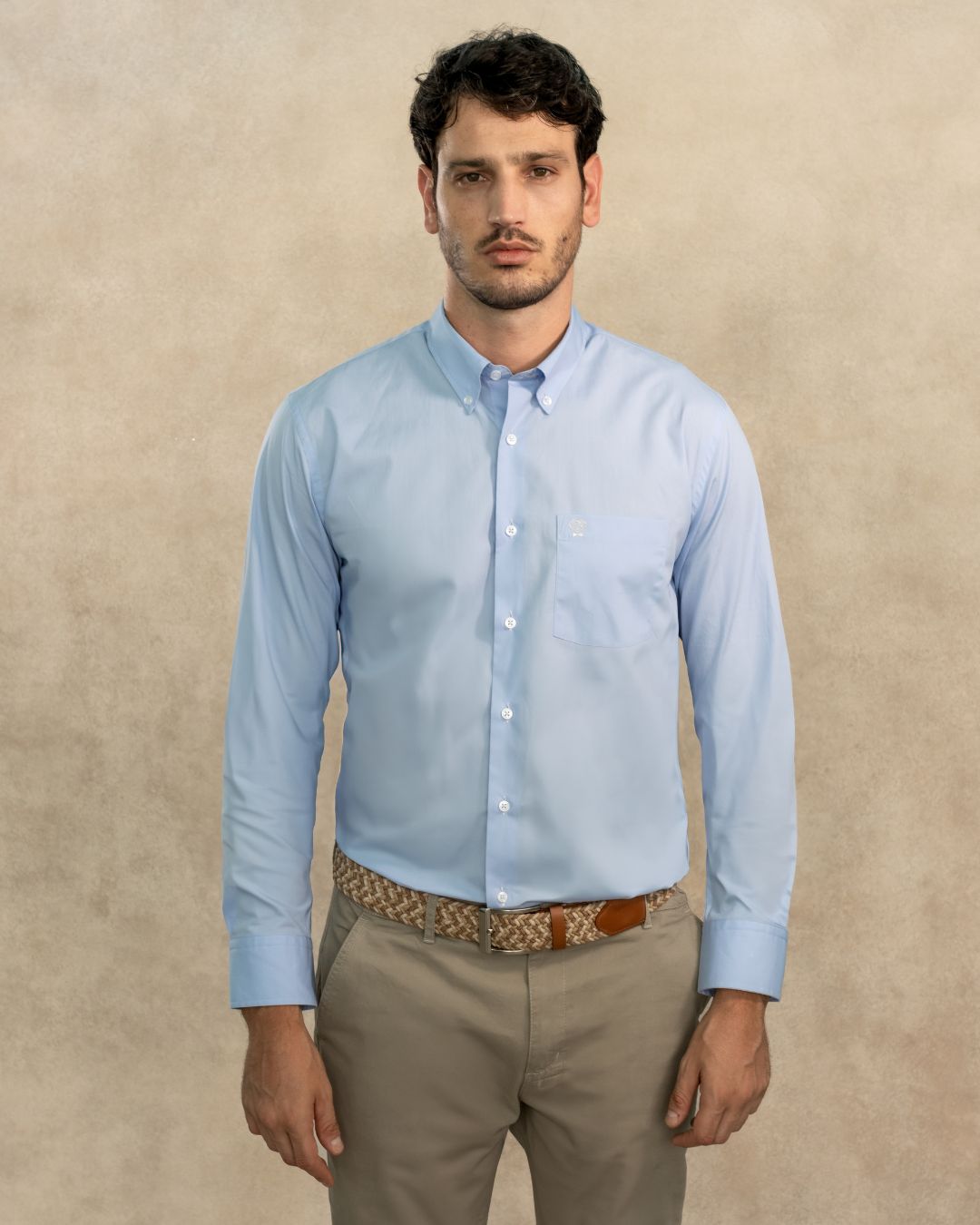 Light Blue Stain-Resistant Poplin Shirt with Pocket and Gray Logo