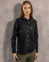 Women's Black Stain-Resistant Shirt with Pocket and Light Blue Logo
