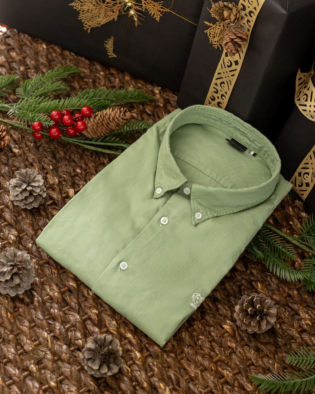 Stain-Resistant Oxford Shirt Sage Green with Contrast Logo